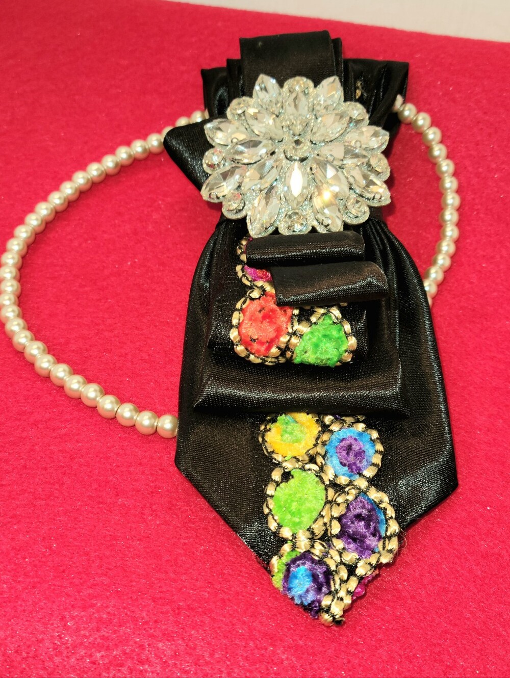 Crystal Flower Brooch Necklace with Black Satin Ribbon and Multicolor Accents